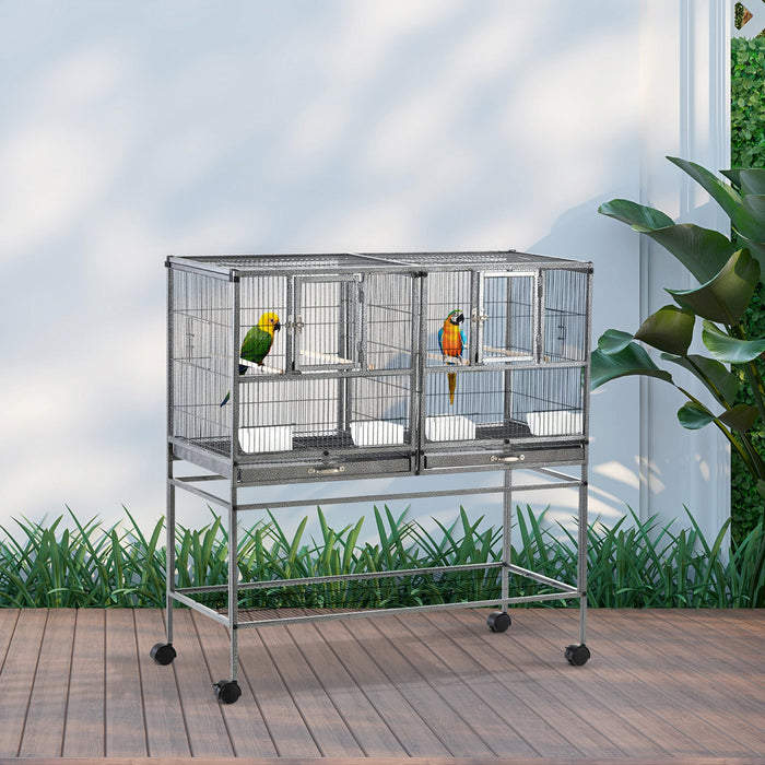 Pawhut 40 Inch Large Double Rolling Metal Bird Cage Bird House With Removable Metal Tray, Storage Sh