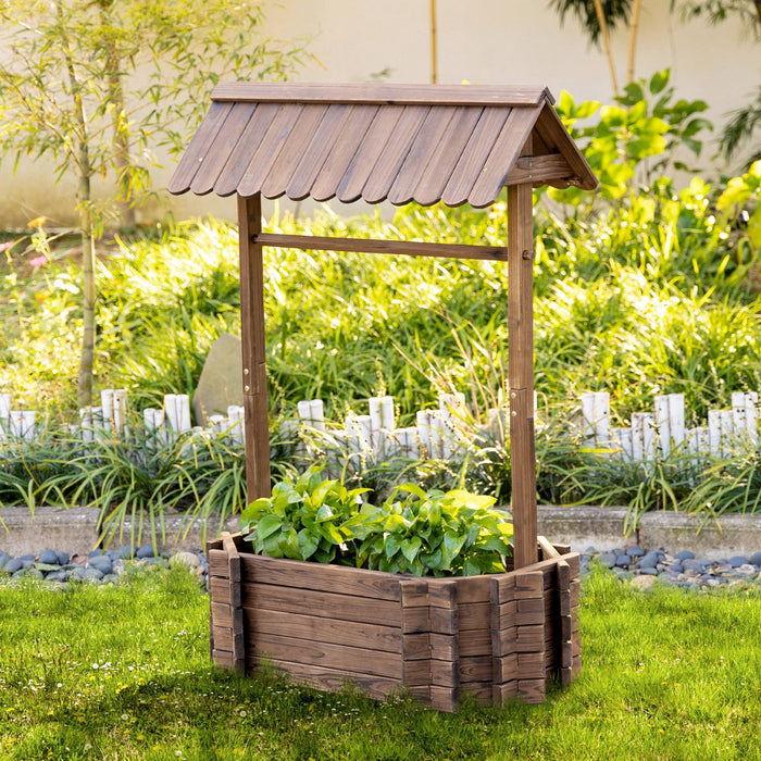 Outsunny Wooden Wishing Well Garden Bed, Rustic Outdoor Flower Planter Patio Ornamental For Plants, 
