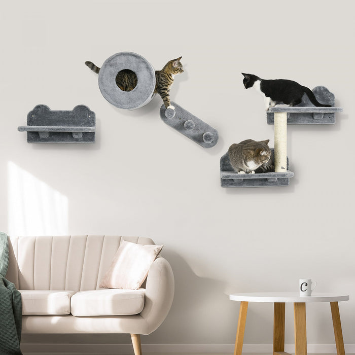Pawhut 4 Pcs Cat Wall Shelves, Pet Wall-mounted Climbing Shelf Set, Kitten Activity Centre With Cond