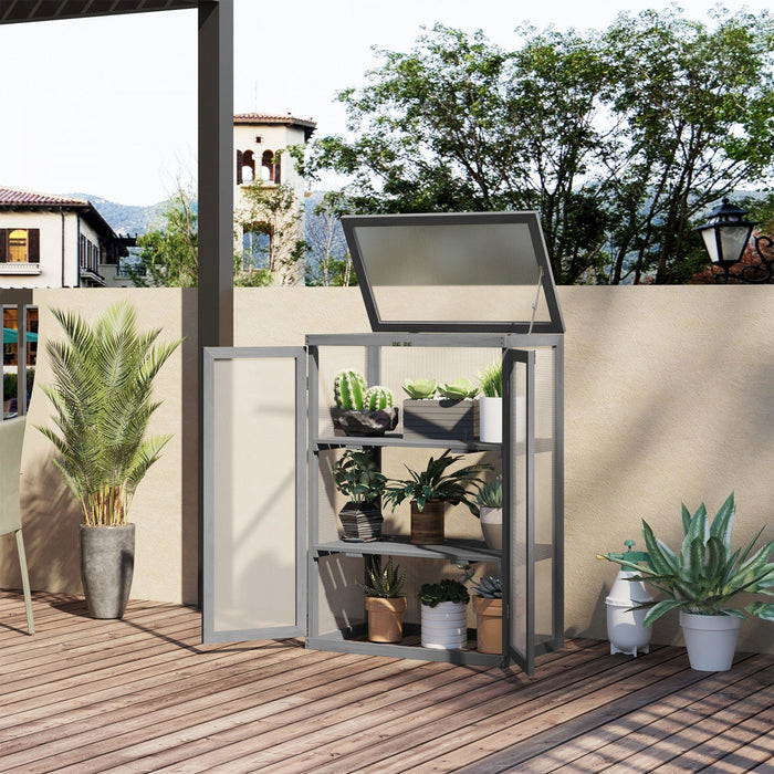 Outsunny Wooden 2 Tier Cold Frame Greenhouse Polycarbonate Plant Grow House Portable Garden, Dark Gr