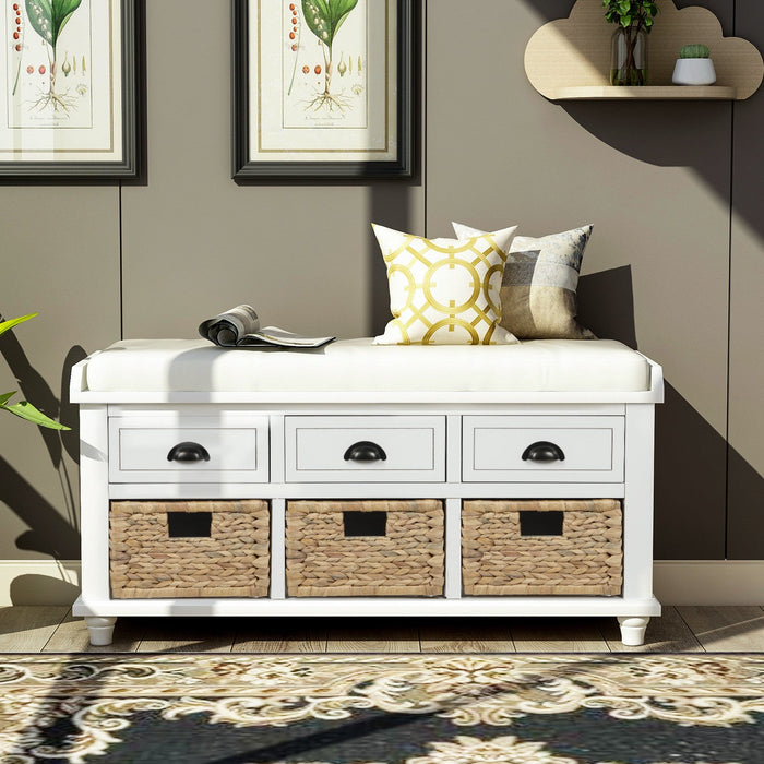 Harvey Solid Wood Storage Bench With Drawers And Rattan Baskets - White 