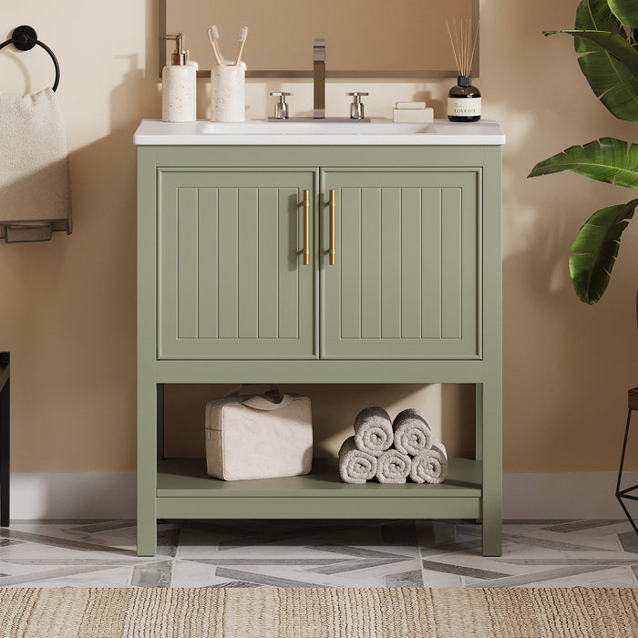 Simona 30\" Solid Wood Bathroom Vanity With Ceramic Sink And Storage - Green 