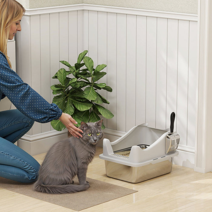 PawHut Cat Litter Box Stainless Steel, High Sided with Metal Litter Scoop, Never Absorbs Odors, Anti Leakage & Easy to Clean, 17" x 13" x 10", Grey
