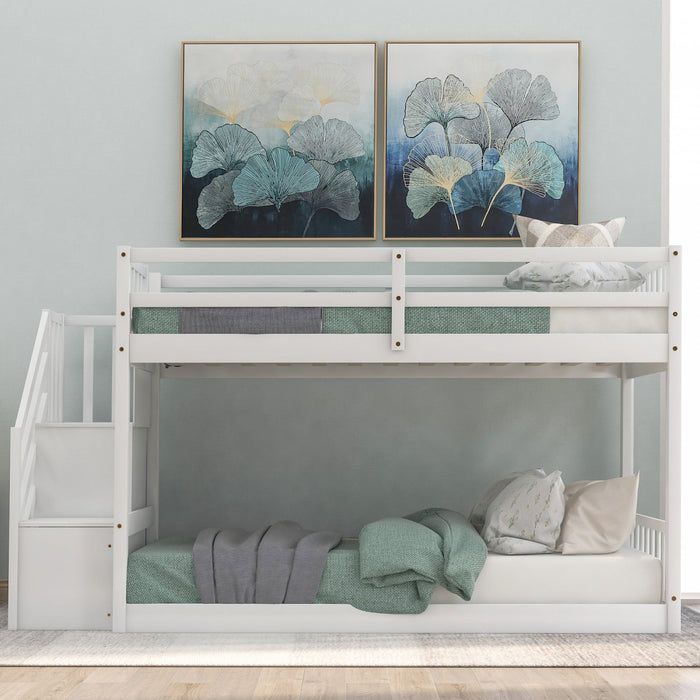 Joanna Twin Floor Solid Wood Bunk Bed With Storage Ladder, Low Height Design - White 