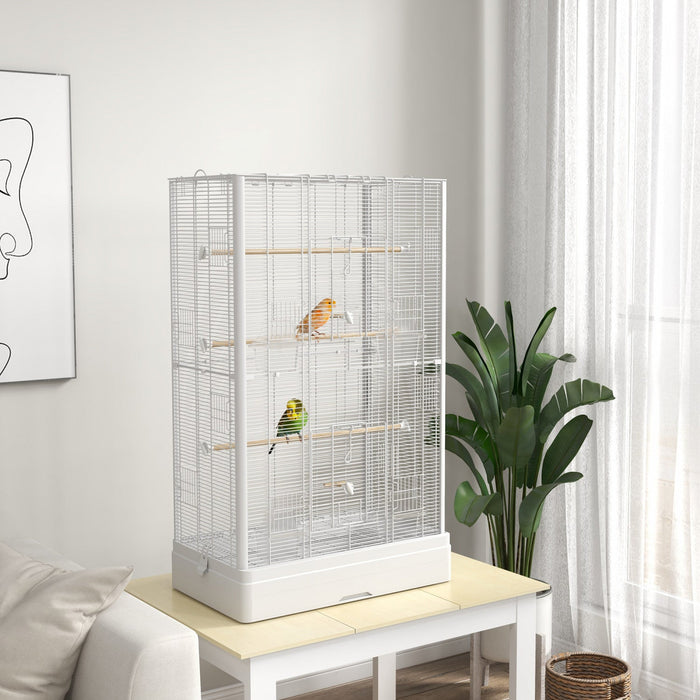 Pawhut 39" Bird Cage For Budgie, Finches, Canaries, Love Birds, Large Parrot Cage With Wooden Stands, Slide-out Tray, Handles, Food Containers, White