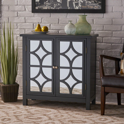 Joyce Solid Firwood Double Door Cabinet With Mirrored Finish,charcoal Grey Accent Cabinet 