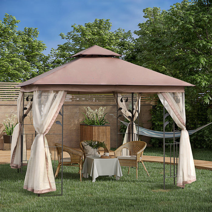 Outsunny 10'x10' Gazebo Canopy Outdoor Patio Sun Shelter Uv Protect W/ 2-tier Polyester Roof Curtain