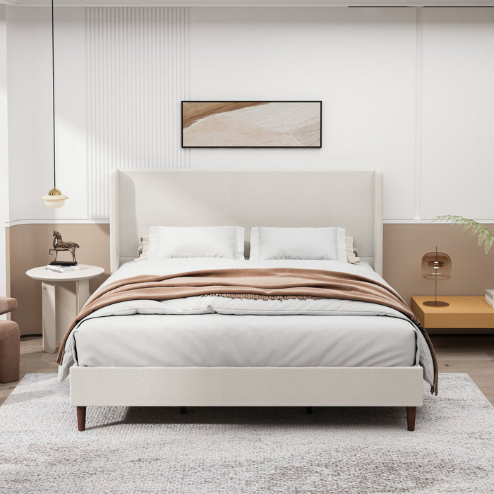Harper Upholstered King Bed Frame with High Headboard, Chenille Fabric - Beige 