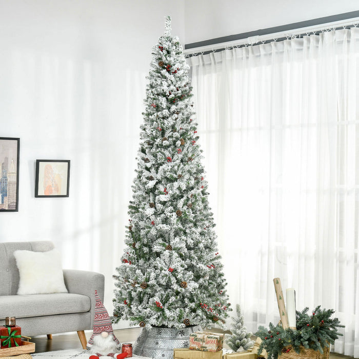 Homcom 9ft Snow Artificial Christmas Tree With Pine Cone, Red Berry