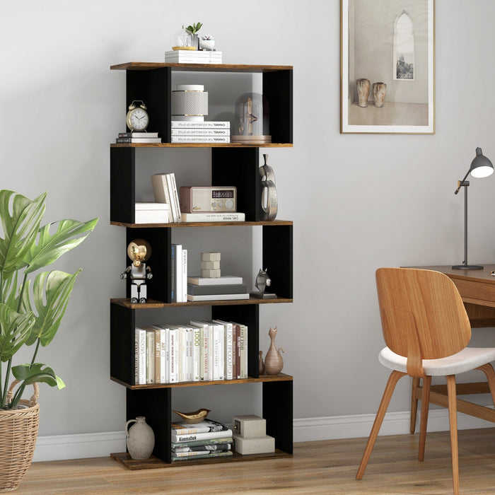 HOMCOM 5-Tier Bookshelf, Narrow S Shaped Bookcase, Rustic Brown