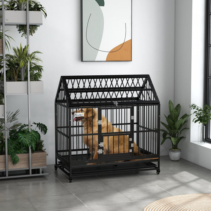 Pawhut 49\" Heavy Duty Dog Crate, Metal Dog Kennel Cage With Openable Roof, Removable Tray, Doors, Wh