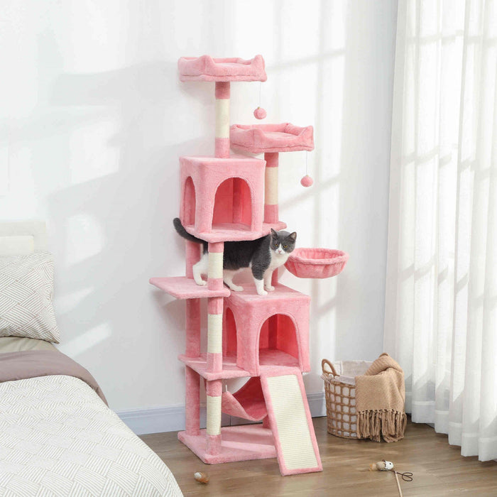 PawHut Cat Tree, 70" Multi-Level Cat Tower for Indoor with 2 Condos, 2 Plush Top Perches, Hammock, Platforms, Toy Balls, Sisal Scratching Posts and Board, Pink