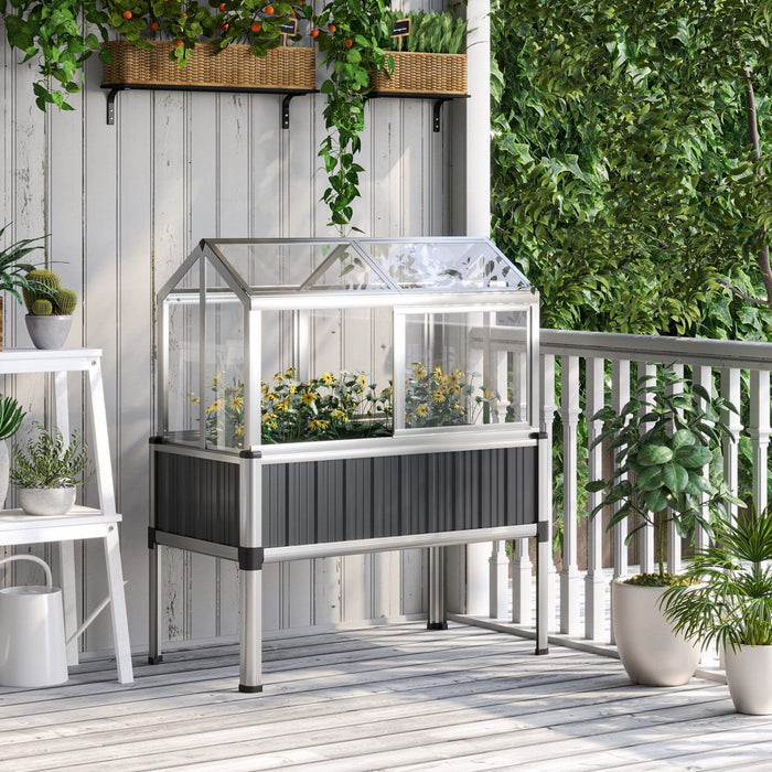 Outsunny Raised Garden Bed W/ Plastic Greenhouse, 45\"x24\"x51\", Dark Grey