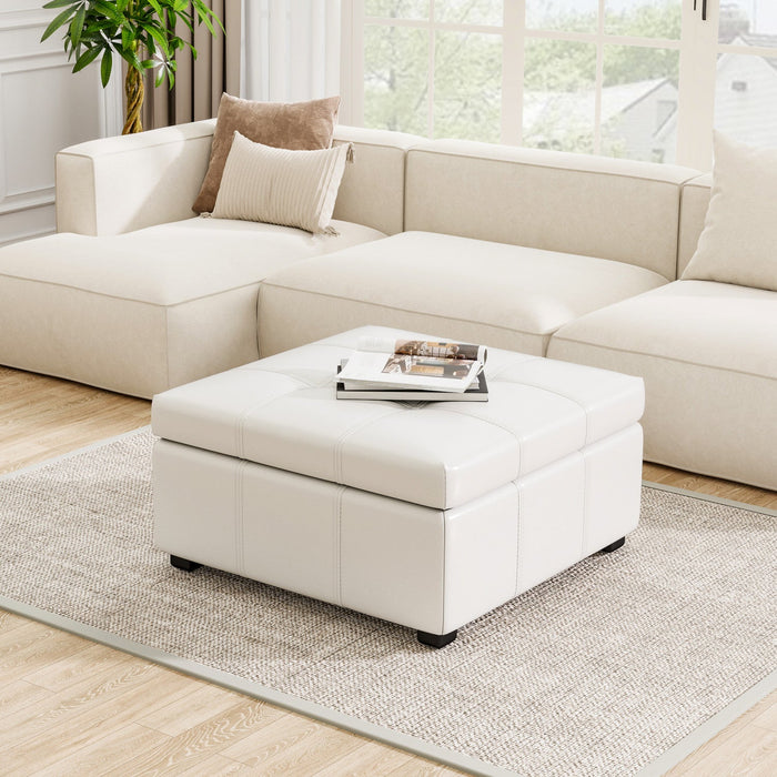 Liam 34.25\" Large Square Faux Leather Ottoman Coffee Table with Storage,Beige  