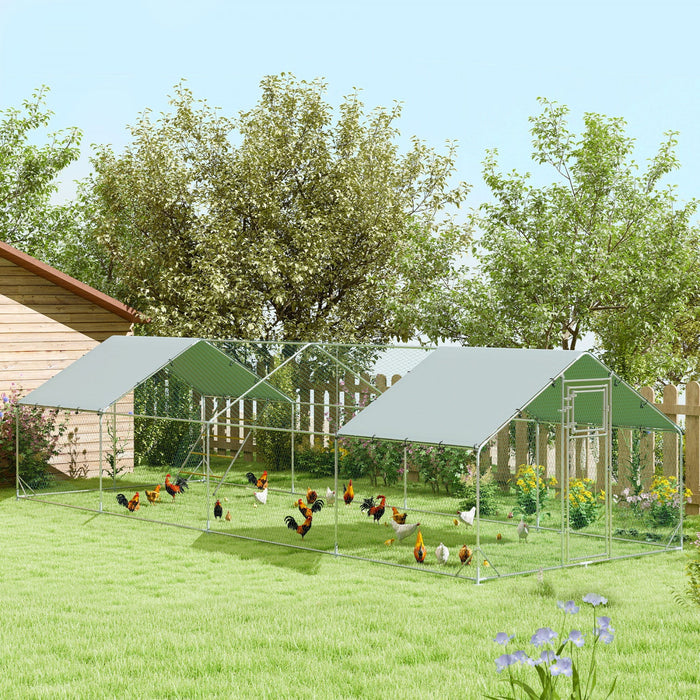 Pawhut Chicken Run, Large Metal Chicken Coop With Feeding Door, Waterproof & Uv-resistant Cover, Hanging Feeder, Perch, Poultry Cage For Outdoor, Backyard, Farm, For 24-30 Poultry