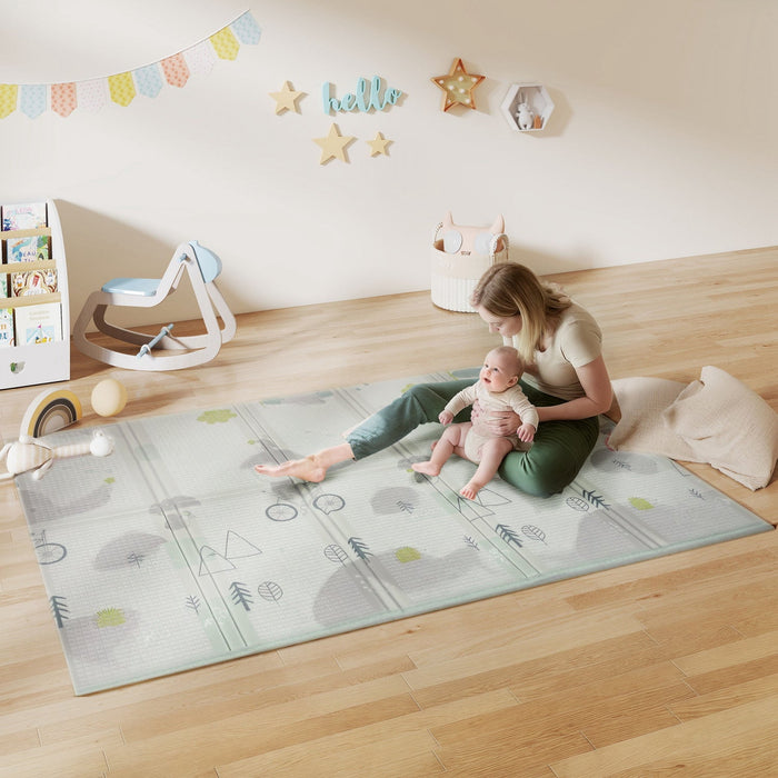 Qaba Baby Play Mat, 79" x 59" x 0.4", Foldable and Reversible Large Foam Playmat, Waterproof & Anti-Slip Portable Baby Floor Mat for Toddlers, Indoor Outdoor Use, Track & Elephant