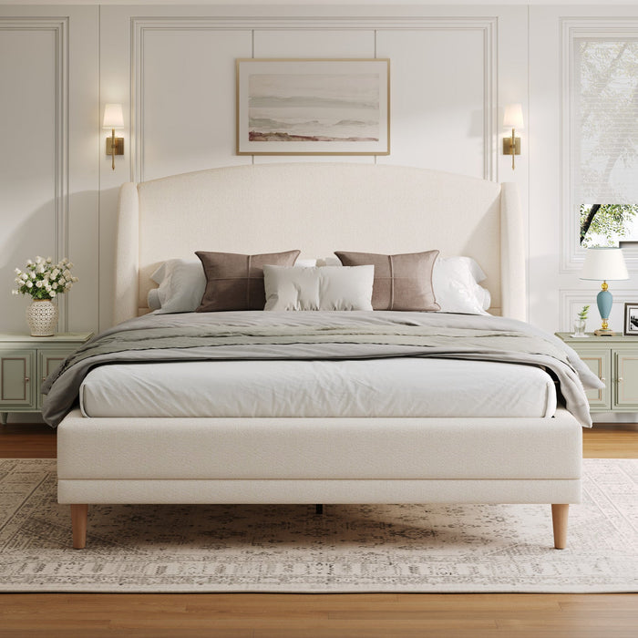 Jeffrey Upholstered Bed with Boucle Wingback Headboard,King Size - White 