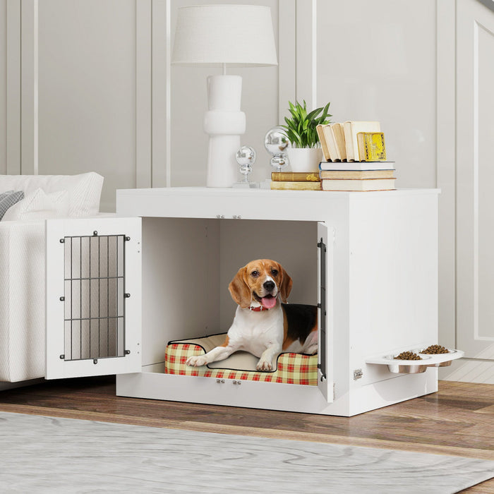 Pawhut 31.5in Dog Crate Furniture With 360° Rotatable Removable Dog Bowls, Dog Kennel Side End Table