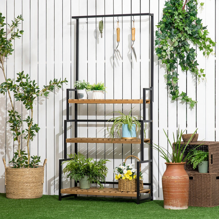 Outsunny 3 Tiered Plant Stand With Hanging Hooks And Metal Frame, Tall Plant Shelf Flower Pot Holder
