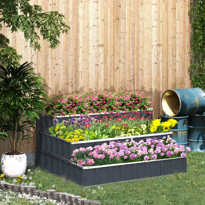 Outsunny 47''x47''x25'' 3 Tier Raised Garden Bed, Metal Elevated Planer Box Kit W/ A Pairs Of Glove 