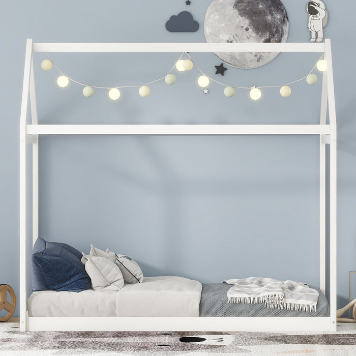 Susan Easy-clean Design Solid Wood House Bed With Roof Frame, Twin Size - White 