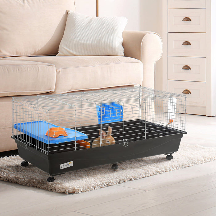 Pawhut 47\" Small Animal Cage, Rolling Bunny Cage, Guinea Pig Cage With Food Dish, Water Bottle, Hay 
