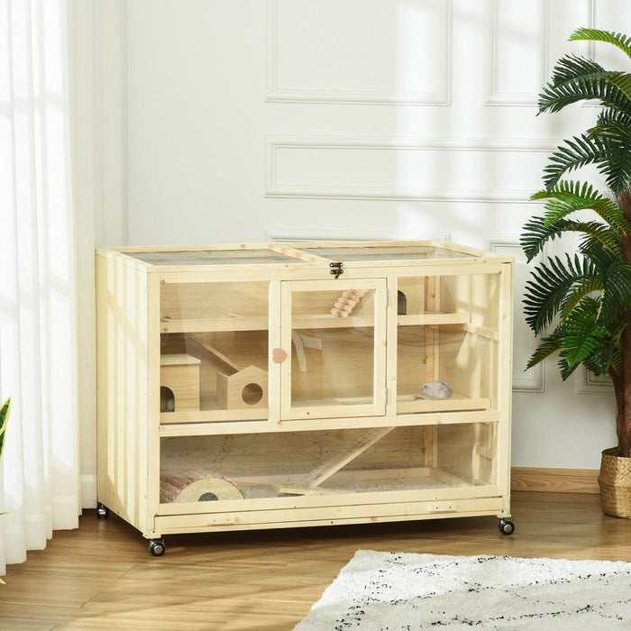 Pawhut Wooden Hamster Cage, 3 Tier Rat Cage With Openable Roof, Run, Ladders, Wheels, Tray, For Hams