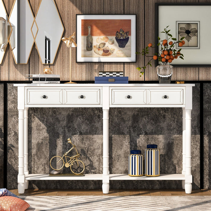 Phyllis Solid Wood Console Table With Drawers And Bottom Shelf - Ivory White 