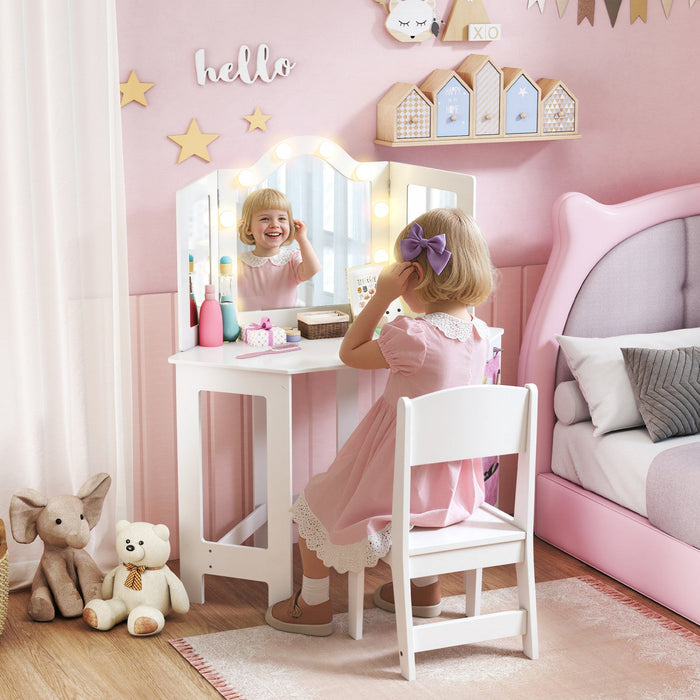 Qaba Kids Vanity Table and Chair Set with Lights, 2 in 1 Makeup Dressing Table with Tri-Fold Mirror and Side Storage Pocket, Pretend Play Vanity for Ages 3-8 Years, White