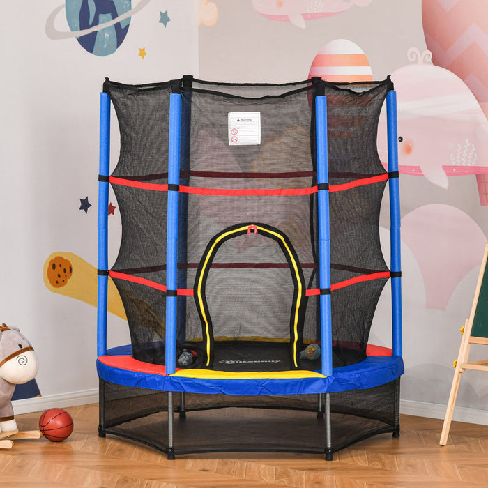 Outsunny Φ55\" Kids Trampoline With Enclosure Net Steel Frame Indoor Round Bouncer Rebounder Age 3 To