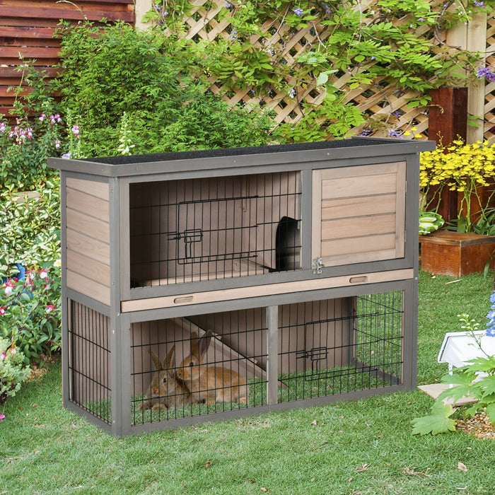 Pawhut 2-tier Wooden Rabbit Hutch Backyard Bunny Cage Habitat Small Animal House W/ Ramp, Slide Out 