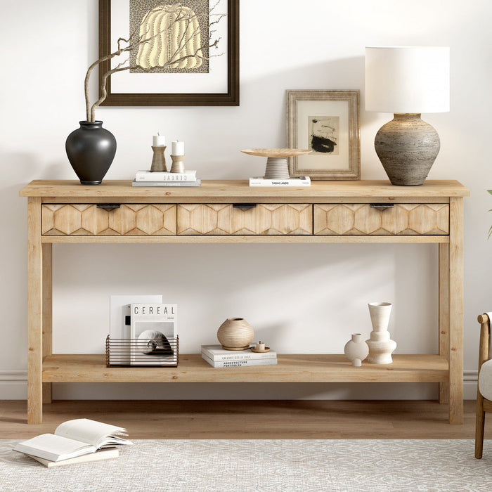 Oliver 60'' Fir Veneer Entryway Table with Honeycomb Design and Drawers, Natural Sofa Table  