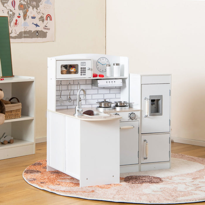 Costway Kids Corner Kitchen Playset Wooden Play Kitchen With Microwave&fridge For Toddlers