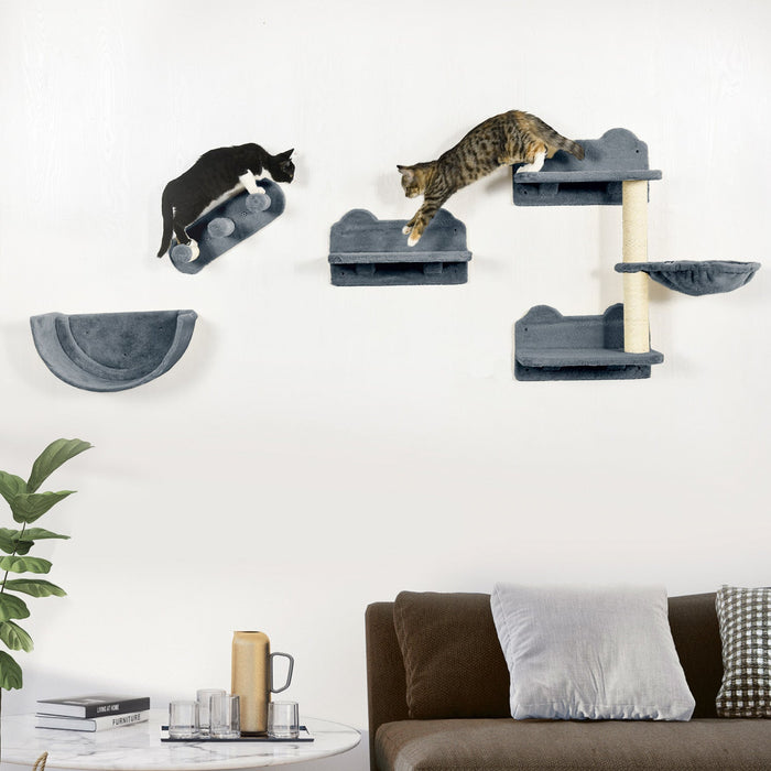 Pawhut Cat Wall Climber With Hammock, Scratching Post, 3 Steps, Jumping Platforms, Cat Wall Shelves 