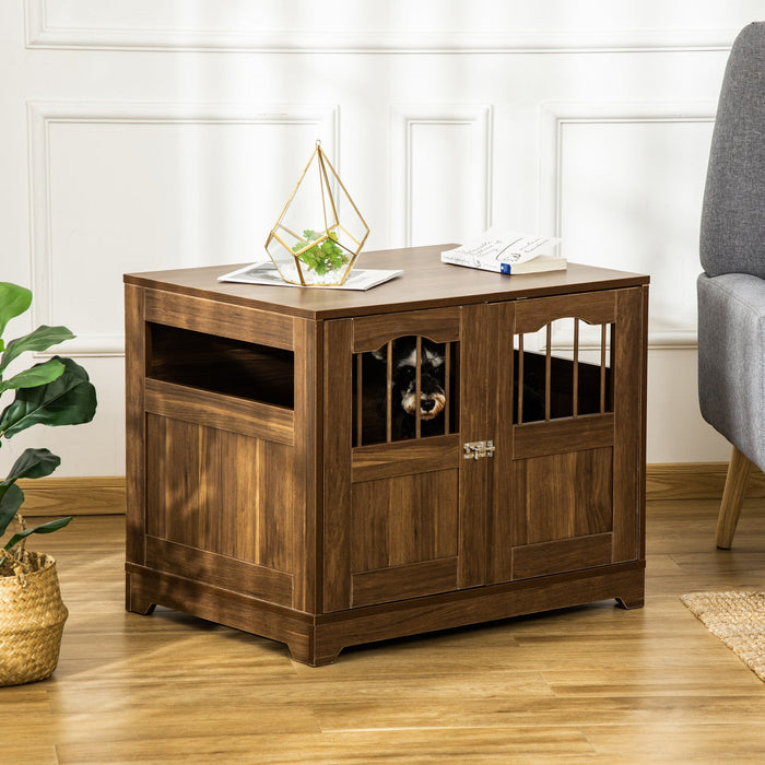 Pawhut 29.5\" Wooden Dog Cage With Windows, End Table Furniture Style, Modern Pet Kennel With Lockabl
