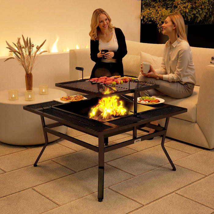 Outsunny Outdoor Fire Pit Firepit With Adjustable Grill Grate Poker, Black