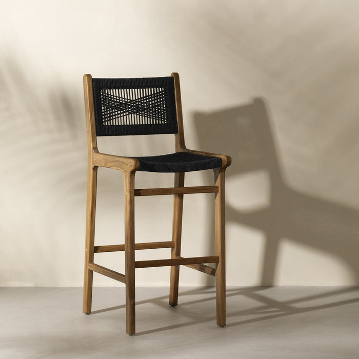 Agave Teak Wood & Woven Rope Bar Stool - Black & Natural