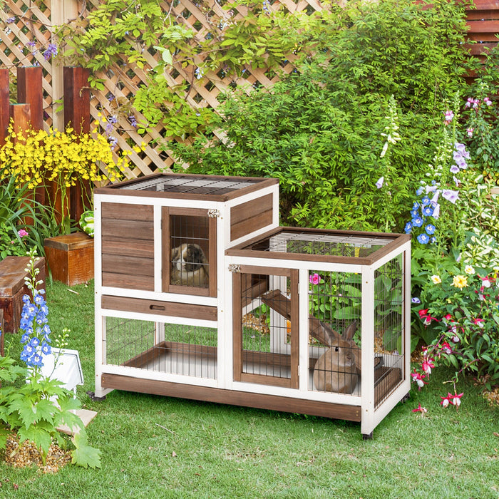 Pawhut Rabbit Hutch Indoor Bunny Cage Guinea Pig House On Wheels With Run, Pull Out Trays, Brown And