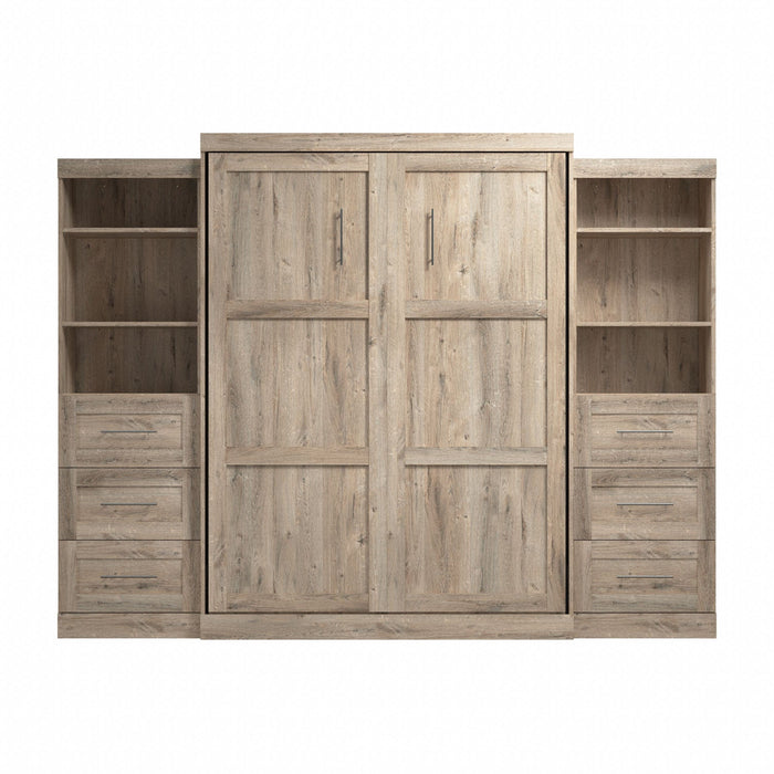 Bestar Pur Queen Murphy Two Shelving Units with Drawers 115-Inch Wall Bed - Rustic Brown