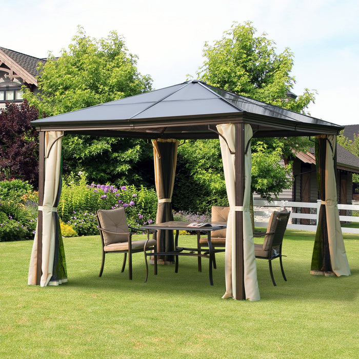 Outsunny 10' X 10' Hardtop Gazebo, Patio Gazebo Heavy Duty Sun Shade Shelter With Curtains, Aluminum