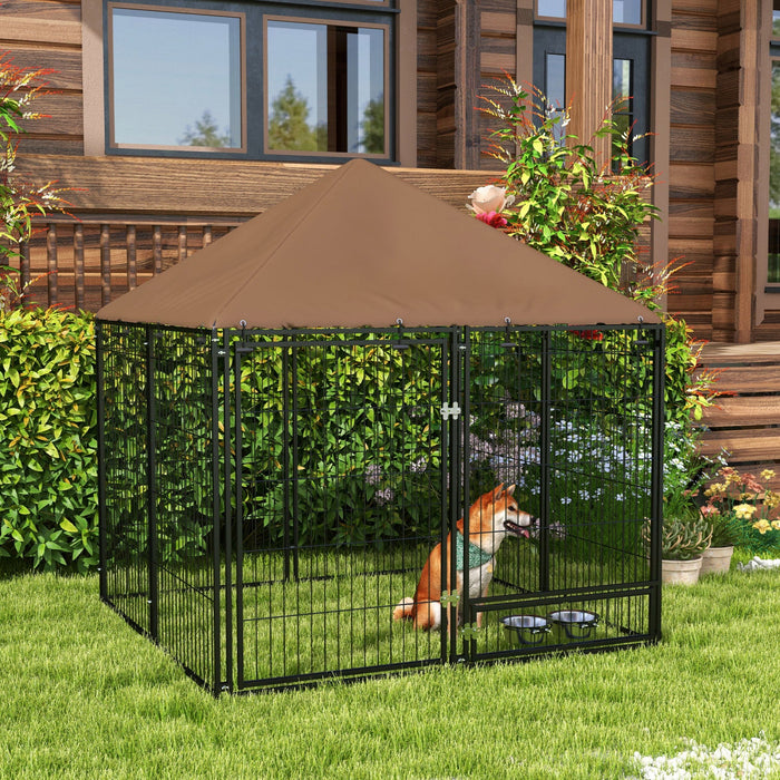 Pawhut Dog Run, 4.6' X 4.6' X 5' Outdoor Dog Kennel With Canopy, Rotating Bowls, Door For Backyard &