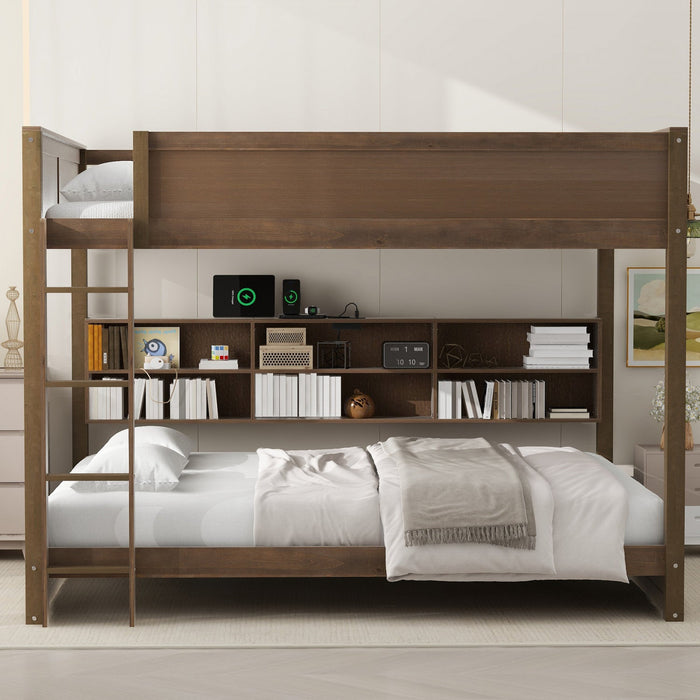 Aaron Wood Bunk Bed With Storage Cabinets And Usb Ports, Queen Size - Antique Wood 