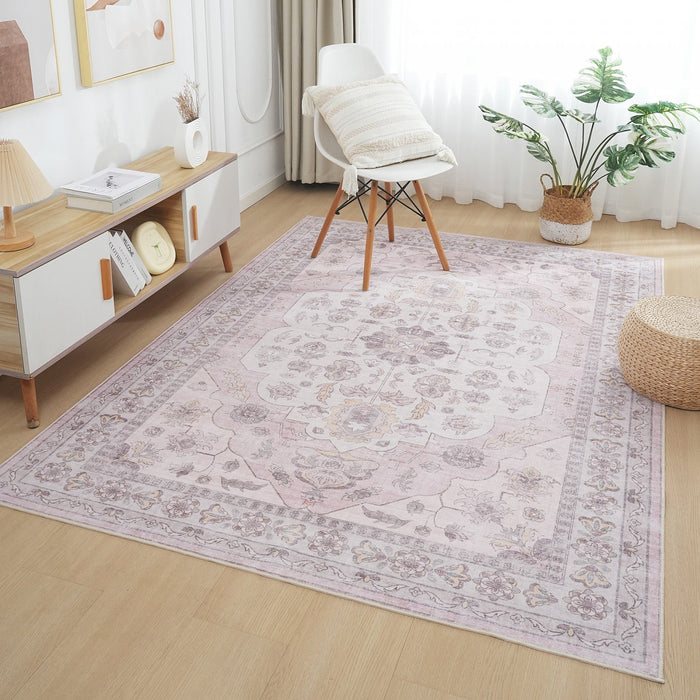 Aqua Pink Washable Non-slip Low Pile Area Rug 5'x7' 
