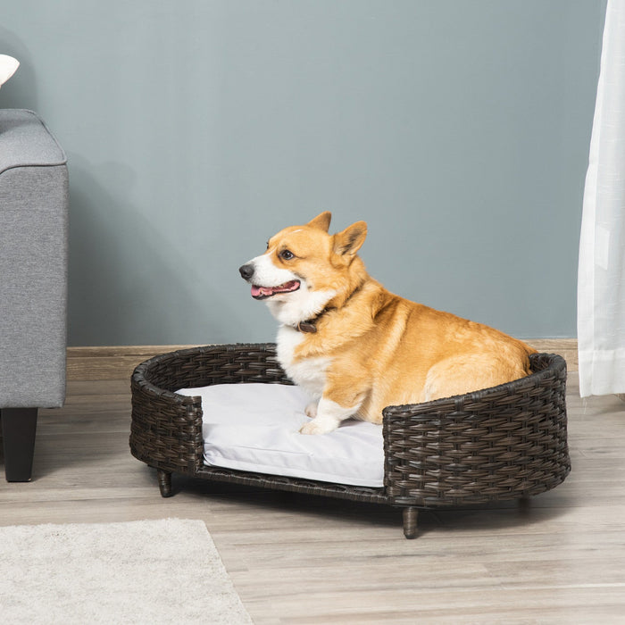 Pawhut Rattan Pet Sofa Indoor & Outdoor, Raised Wicker Dog Bed, Cat Couch, With Soft Cushion Washabl