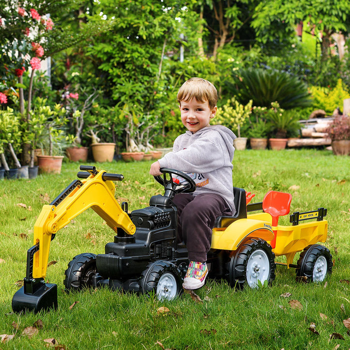 Aosom Ride-on Toy Pedal Digger Construction Car With Horn & Detachable Trailer, Yellow