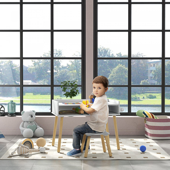 Qaba Kids Table And Chair Set, 3 In 1 Toddler Activity Table With Building Blocks Board, Paper Roll,