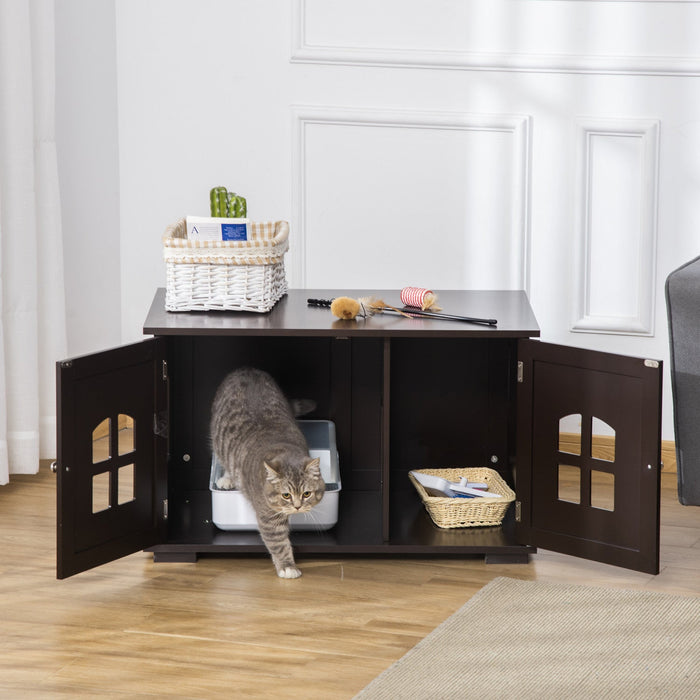 Pawhut Cat Litter Box Enclosure Hidden Cat Furniture Cabinet Indoor Cat Washroom Double-door Nightst