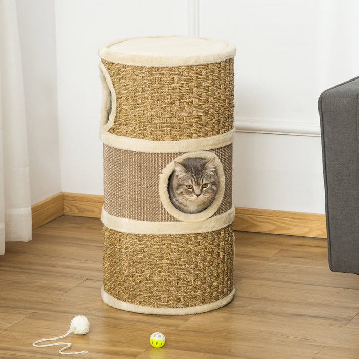 Pawhut Cat Condo 3 Story Three Holes With Sisal Seaweed Scratching Cover Surface, Cat Tower For Indo