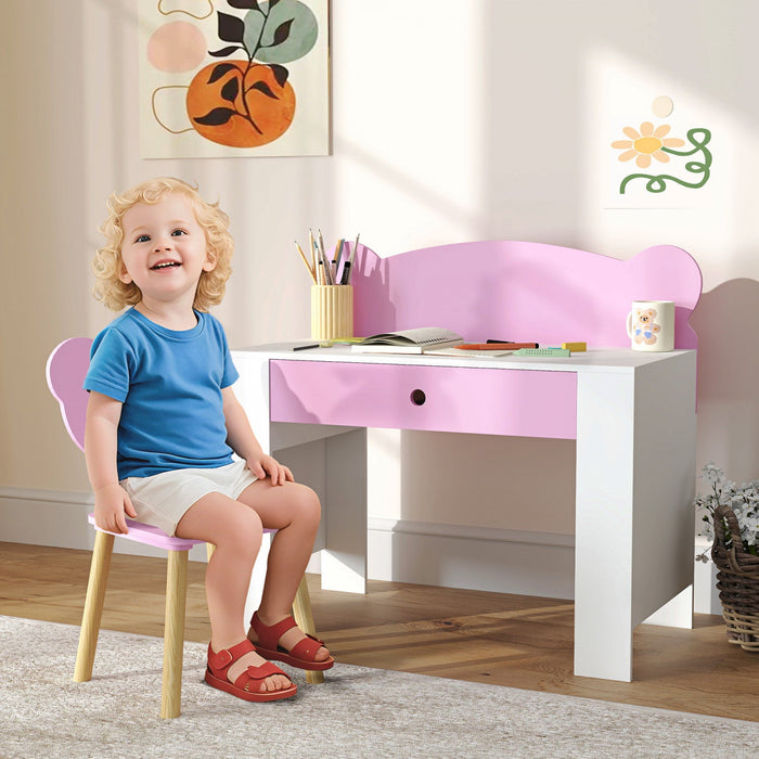 Qaba Kids Desk And Chair Set, Study Table And Chair With Storage Drawer For Drawing, Reading, Writing, Bear Theme Children Activity Table Set For Bedroom, Daycare, Playroom (pink)