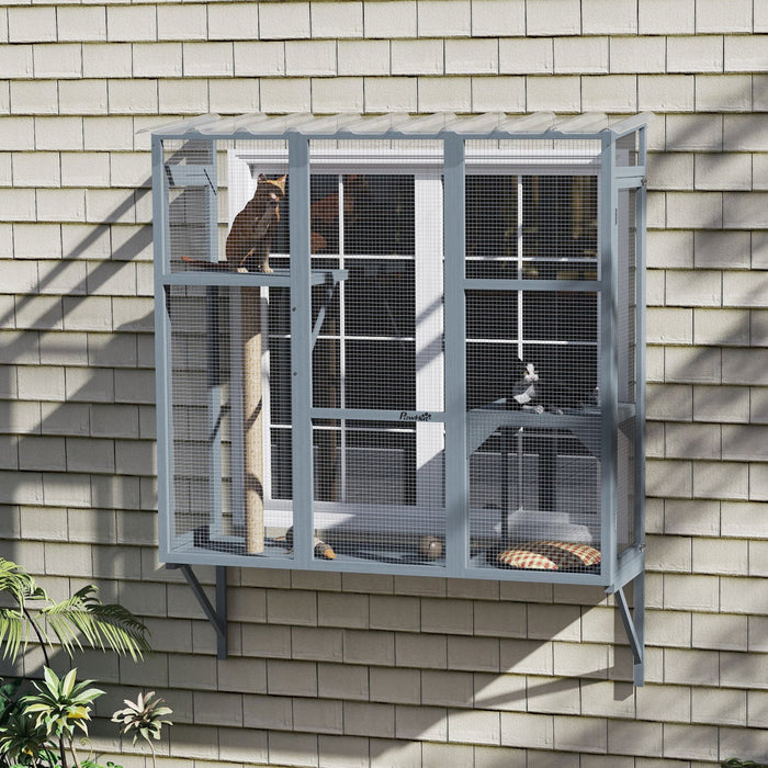 Pawhut Catio Outdoor Cat Enclosure, Cat Window Box For 2-3 Cats With 2 Jumping Platforms & Scratching Post, Expendable Secure Window Perch House For Large Indoor Cats, Grey